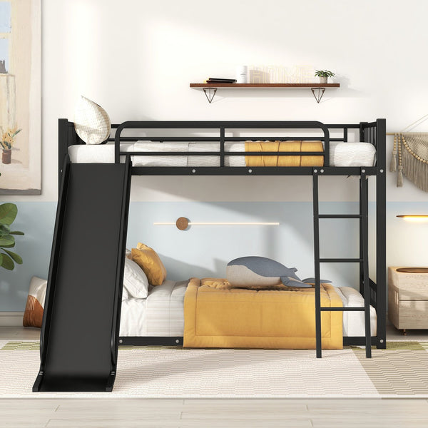 English Elm Metal Bunk Bed with Slide Twin over Twin Stylish Space-Saving Metal Frame, Safe Stairs & Playful Slide Fun Black MF285671AAB