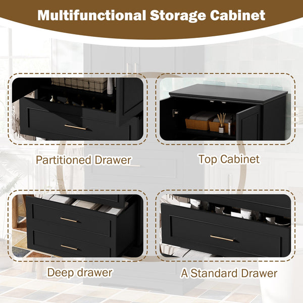 English Elm 72.2'' Tall Freestanding Bathroom Cabinet with 3 Drawers, Adjustable Shelf, Soft-Close Doors, Modern Elegant Design Black N729P296769B