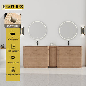 English Elm 92'' Freestanding Double Sink Bathroom Vanity Oak Melamine Soft Close Storage Set W999S00517