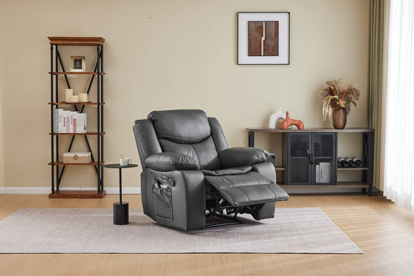 English Elm Black Air Leather Massage Recliner with Vibration Heating for Living Room Lounge Gray B2766P488713
