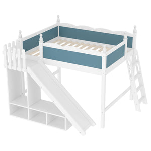 English Elm Full Loft Bed With Slide, Storage Shelves & Cabinet - Solid Wood Design For Fun & Organization! W1580S00246