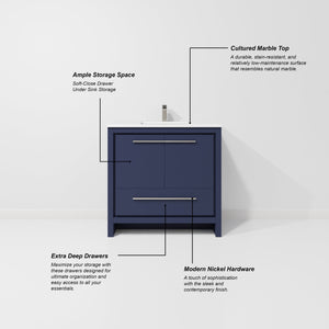 English Elm Navy Blue Single Bath Vanity Set With Cultured Marble Top, Gun Metal Faucet & Matching Mirror 36" W B2731S02069