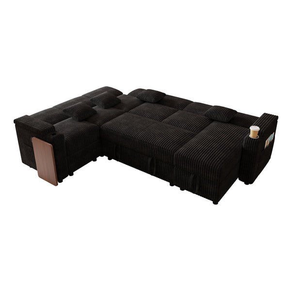 English Elm 100-inch Corduroy U-shaped Sectional Sleeper Sofa with Usb Port and Hidden Storage Black W2564S00136