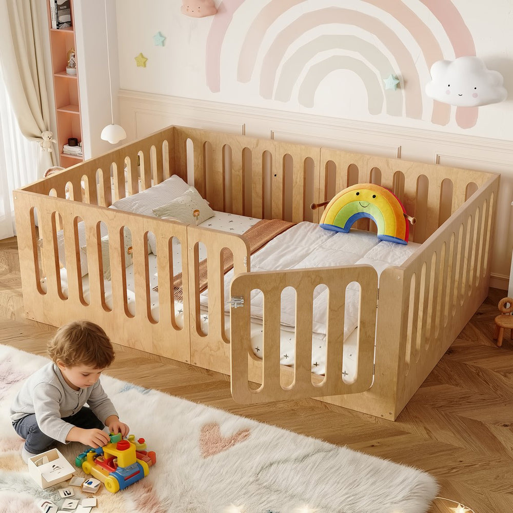 English Elm Twin Solid Pine Montessori Floor Bed with House Frame Door and Safety Fence Natural W5305P420636