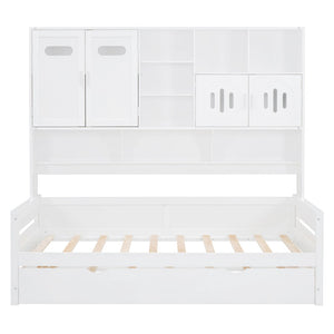 English Elm Twin Size Daybed With Trundle & Integrated Storage Shelf - Modern White Design For Kids & Teens N820S00026K-GIGA