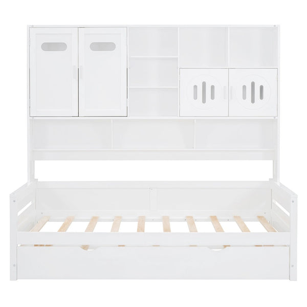English Elm Twin Size Daybed With Trundle & Integrated Storage Shelf - Modern White Design For Kids & Teens N820S00026K-GIGA