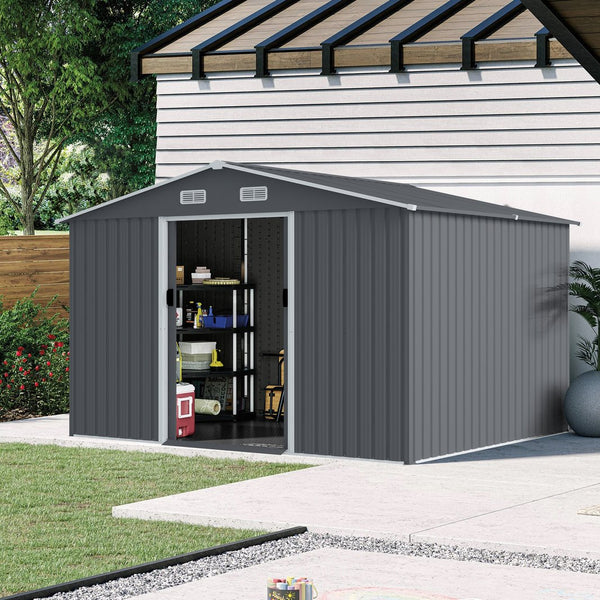 English Elm Outdoor Galvanized Steel Storage Shed 8x10 Ft with Sliding Door and Air Vents W2911S00002