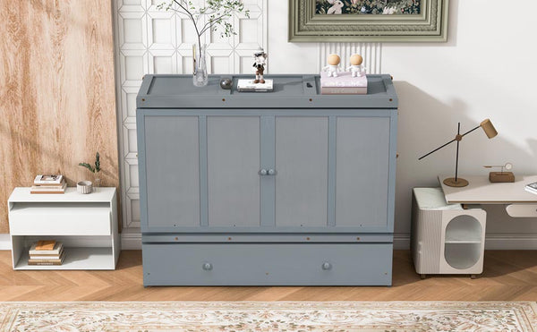 English Elm Queen Murphy Wall Bed with Pull Out Drawer and Built in Usb Charging Cabinet Gray N708P205905E