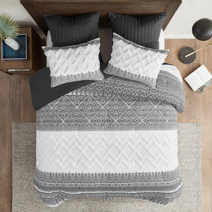 English Elm 3 Piece Cotton Comforter Set with Chenille Tufting Mila Botanic Chevron Print Full/Queen, Shabby Chic Fabrication Gray 19 L x 13.5 W x 13.5 H B03596427