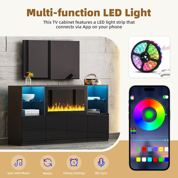 English Elm On-Trend High Gloss Tv Stand With 34.2" Electric Fireplace & Led Lighting, Fits Tvs Up To 75" Black N721S000042B