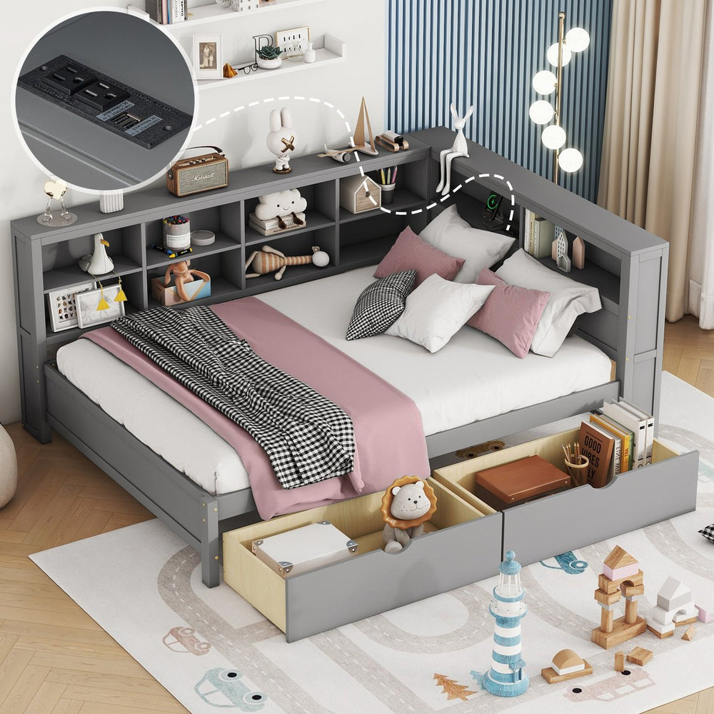English Elm Wooden Full Size Daybed with 2 Storage Drawers Built-in Usb Charging Modern Frame N733S170505E