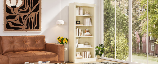 English Elm 83" 5-Tier Bookcase Suite with LED Light Strip, Adjustable Shelves, Cable Management & Solid Wood Frame Beige+yellow N751S246920A