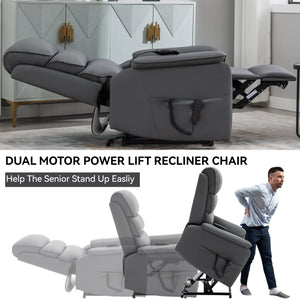 English Elm Dual Motor Power Lift Recliner with Massage Heat and 180 Degree Brown Lounge Chair Grey W1803S00062