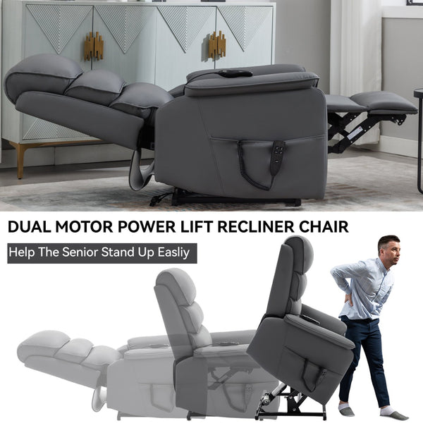 English Elm Dual Motor Power Lift Recliner with Massage Heat and 180 Degree Brown Lounge Chair Grey W1803S00062
