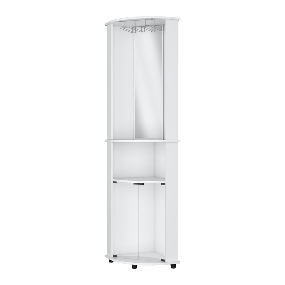 English Elm White Corner Bar Cabinet with Glass Door Wine Rack and Three Tier Open Shelving B062P461071