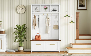 English Elm On-trend Entryway Hall Tree with Gold Hooks Bench Drawers and Shoe Cabinet Storage White N721S000056K-1