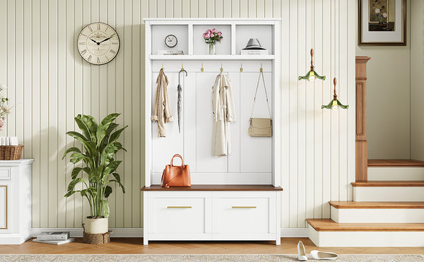 English Elm On-trend Entryway Hall Tree with Gold Hooks Bench Drawers and Shoe Cabinet Storage White N721S000056K-1