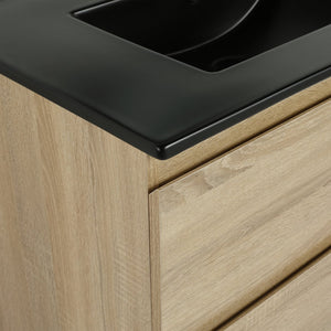 English Elm 30" Wall-Mounted Bathroom Vanity With Black Sink, Soft-Close Drawers, Modern Space-Saving Design W999S00194