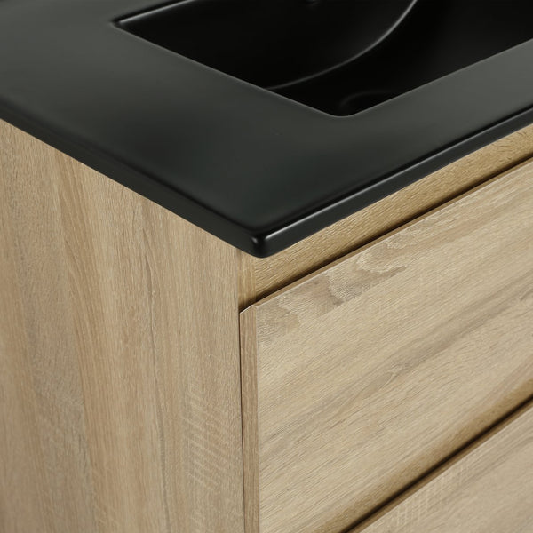 English Elm 30" Wall-Mounted Bathroom Vanity With Black Sink, Soft-Close Drawers, Modern Space-Saving Design W999S00194
