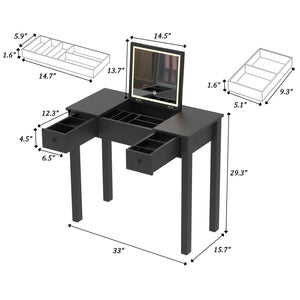 English Elm Multifunctional Vanity Desk with Flip-Top Mirror, 3-Level LED Lighting, Ample Storage for Small Spaces Black W760P152315