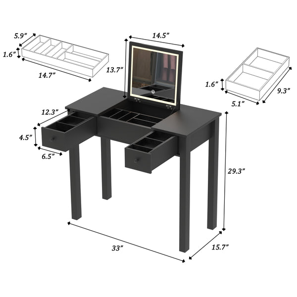 English Elm Multifunctional Vanity Desk with Flip-Top Mirror, 3-Level LED Lighting, Ample Storage for Small Spaces Black W760P152315
