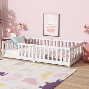 English Elm Twin Low Profile Rubberwood Floor Bed with Full Safety Fence for Toddler Rooms White W504P429335