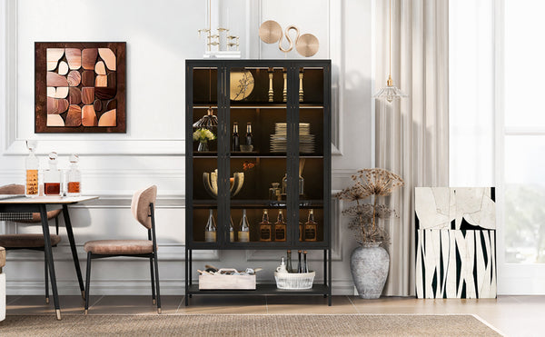 English Elm 67.25'' Tall Steel Curio Cabinet with Led Lighting and Tempered Glass Panels Black SN845P263995B