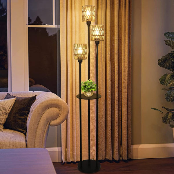English Elm Boho 3-Light Floor Lamp with Shelf, Rattan Shades Rustic Tall Standing Lamp with Foot Switch W2738P185405
