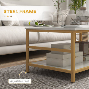 English Elm HOMCOM Modern 2-Piece Marble Top Coffee Table Set with Gold Steel Frame and 2-Tier Storage Shelves White W2225P200534