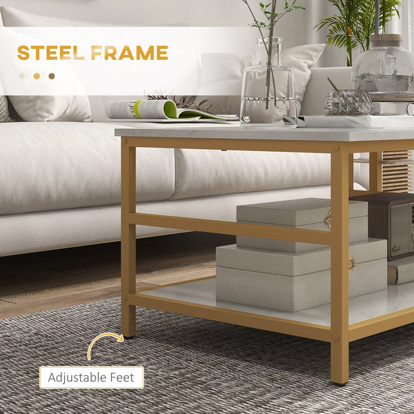 English Elm HOMCOM Modern 2-Piece Marble Top Coffee Table Set with Gold Steel Frame and 2-Tier Storage Shelves White W2225P200534