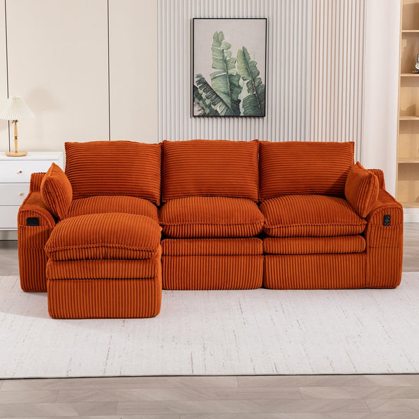 English Elm L Shaped Corduroy Modular Sectional with Cloud Cushions Footstool and Lumbar Pillows Orange W395S00137