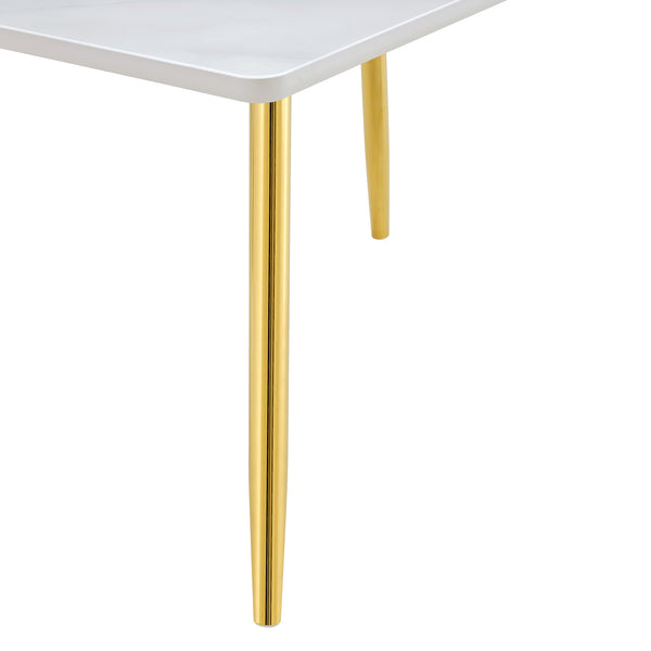 English Elm Modern Marble Look Glass Top Dining Table with Gold Tapered Legs Seats Six W1151S04622