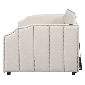 English Elm Twin Linen Upholstered Daybed with Pop up Trundle and Built in Usb Charging Beige SF000199AAA