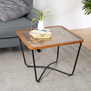 English Elm Modern Square Glass Top Coffee Table with Geometric Pattern and Black Metal Frame N770P197539B