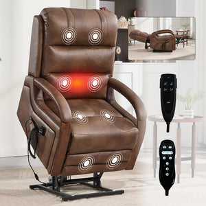 English Elm Power Lift Recliner with Dual Motor Heat Massage Leatheraire and Wood Armrests W1803S00078