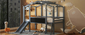 English Elm Twin House Loft Bed with Slide Chalkboard Panel and Led Roofline for Kids Gray WF324323AAE