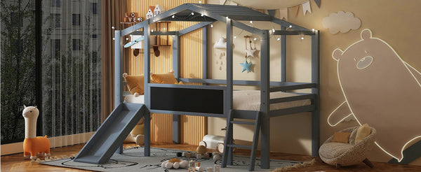 English Elm Twin House Loft Bed with Slide Chalkboard Panel and Led Roofline for Kids Gray WF324323AAE