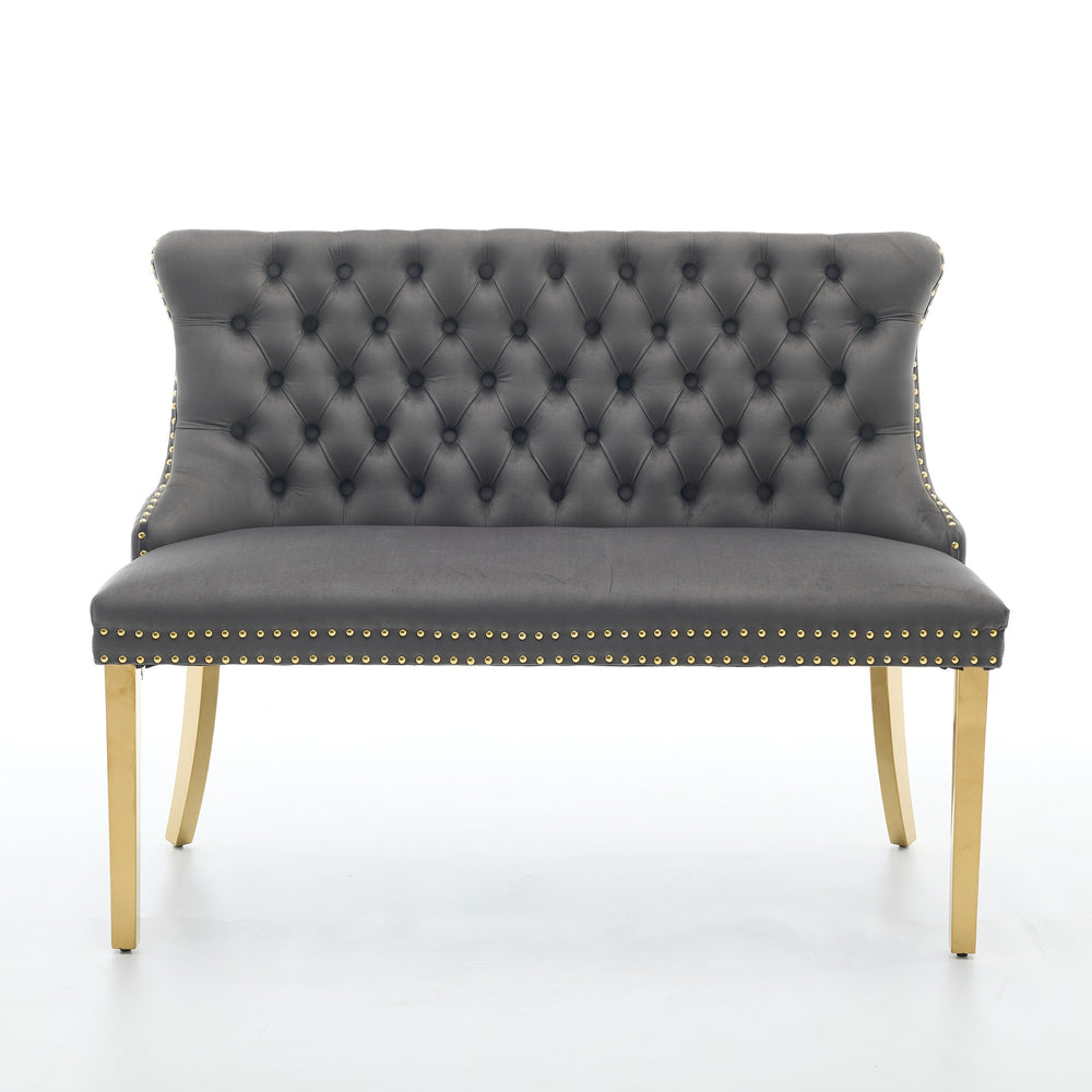 English Elm Velvet Wingback Dining Bench Tufted Two Seat Mid Century Modern Brushed Steel Base Gray W1143P406978
