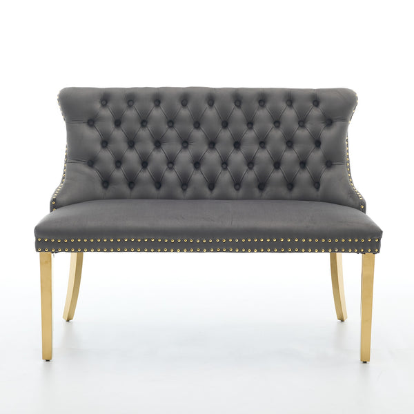 English Elm Velvet Wingback Dining Bench Tufted Two Seat Mid Century Modern Brushed Steel Base Gray W1143P406978