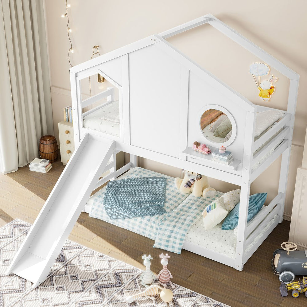 English Elm Full Bunk Bed with Trundle Bookshelf Storage Pine Frame Car Design for Kids Light White W1580S00464