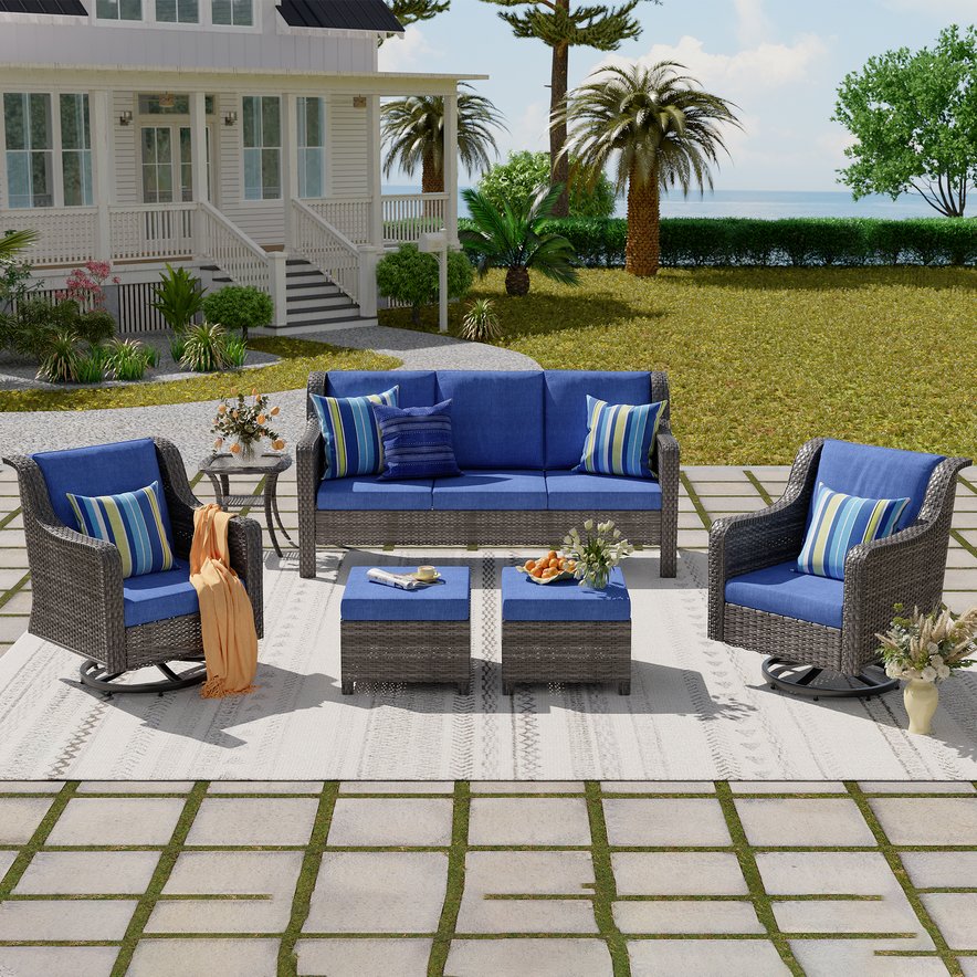 English Elm Tl Seven Piece Outdoor Pe Rattan Patio Set with Swivel Chairs Footstools and Side Table T5925S00006