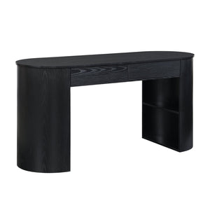 English Elm Storage Writing Desk with Curved Base Open Shelves and Drawers for Home Office Black N757P306285B