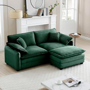English Elm Two-Seater Sofa With Ottoman - Stylish L-Shaped Green Corduroy Couch For Small Spaces & Comfort W714S00730-GIGA