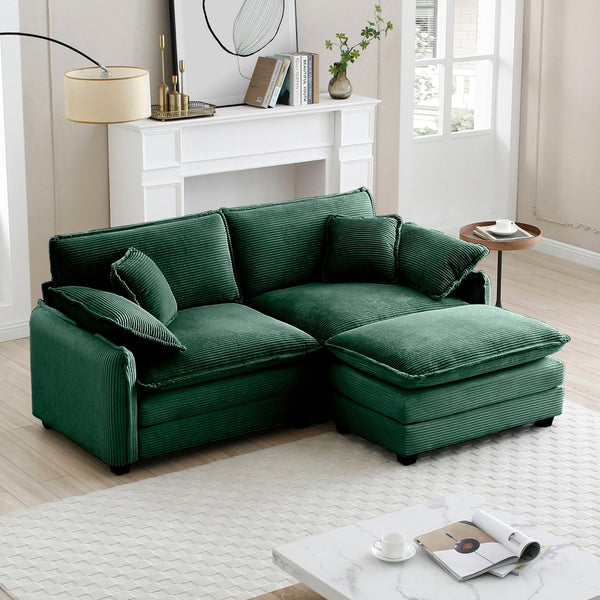 English Elm Two-Seater Sofa With Ottoman - Stylish L-Shaped Green Corduroy Couch For Small Spaces & Comfort W714S00730-GIGA