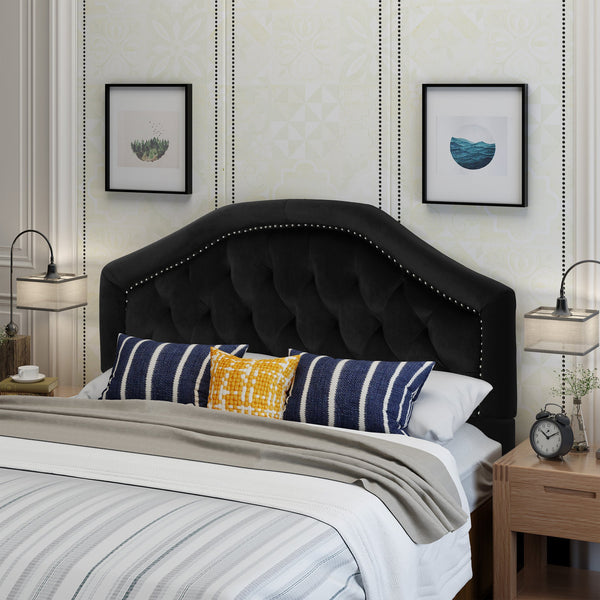 English Elm Tufted Queen Headboard with Nailhead Trim Solid Wood Frame Adjustable Iron Legs Black 57875.00NVLTBLK