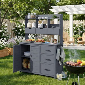 English Elm (with Hutch) Topamx Solid Fir Potting Bench Patio Workstation Spice Rack Drawer Gray N717P404331E