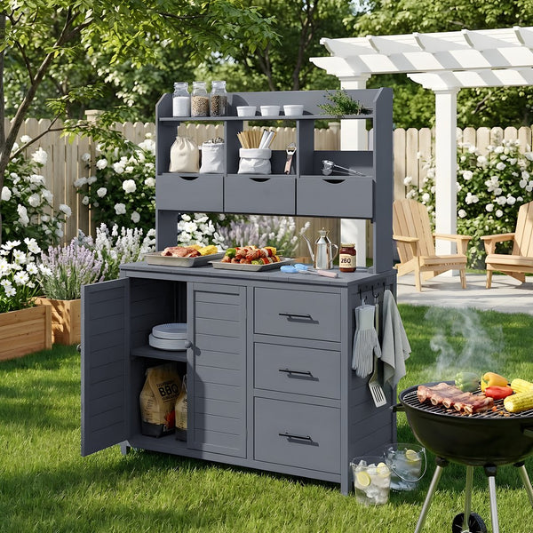 English Elm (with Hutch) Topamx Solid Fir Potting Bench Patio Workstation Spice Rack Drawer Gray N717P404331E