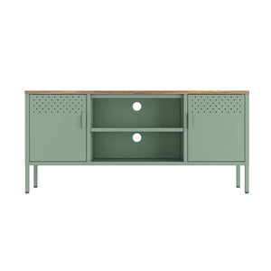 English Elm Landen 47" Metal Storage Cabinet with Wood Top and Cable Management — Sleek Industrial TV Console, Adjustable Legs Sage Green B365P397847