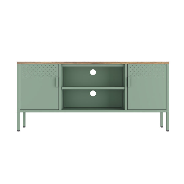 English Elm Landen 47" Metal Storage Cabinet with Wood Top and Cable Management — Sleek Industrial TV Console, Adjustable Legs Sage Green B365P397847