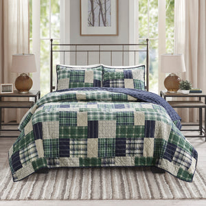 English Elm 3 Piece Timber Reversible Quilt Set King/Cal King - Rustic Green Navy Patchwork, Windowpane Reverse, Cotton-Rich Comfort B03597592